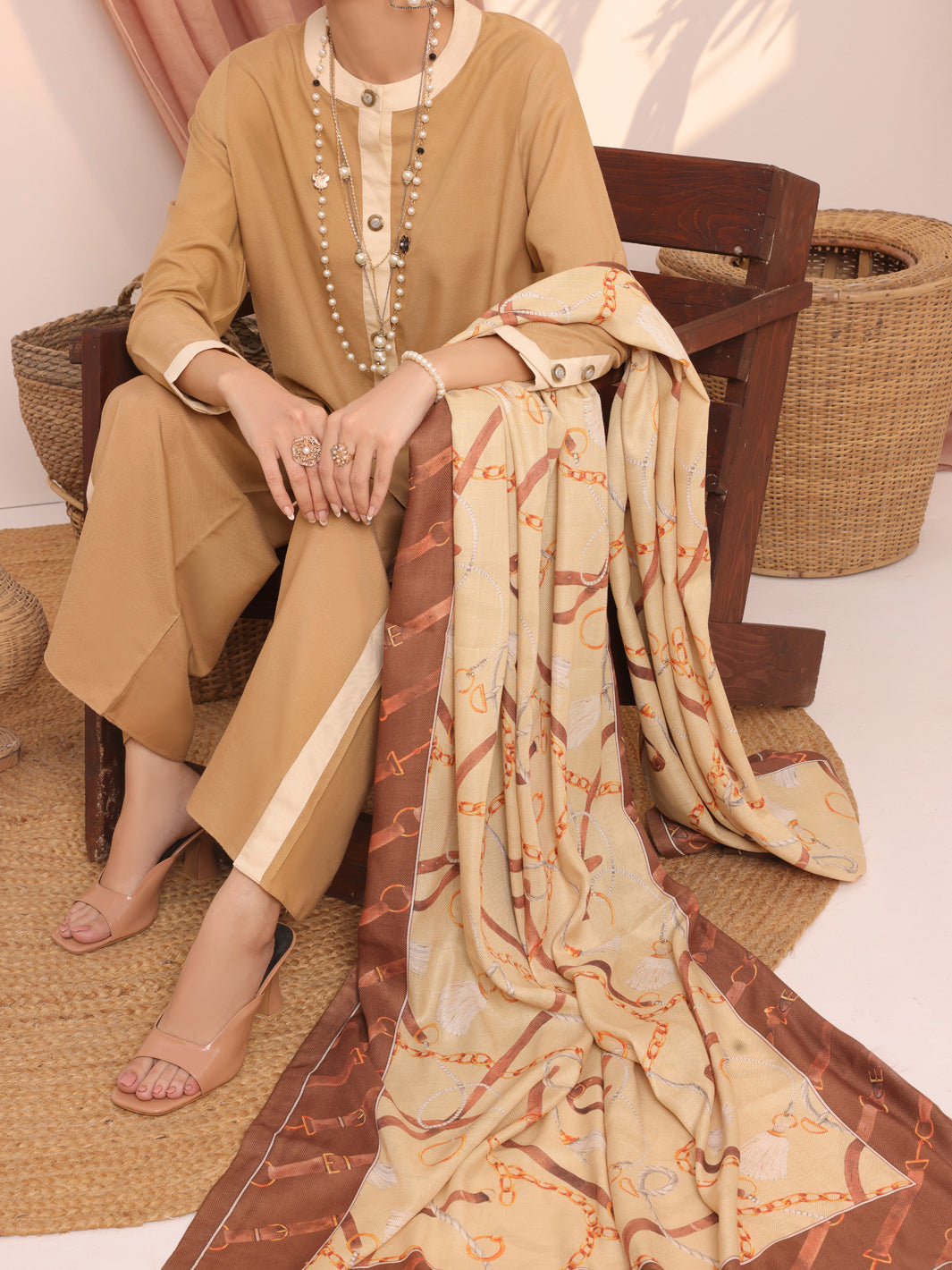 Khaki Dobby Viscose Unstitched 3Pc - AWP-3PS-436