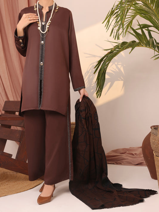 Dark Brown Dobby Viscose Unstitched 3 Piece - AWP-3PS-434