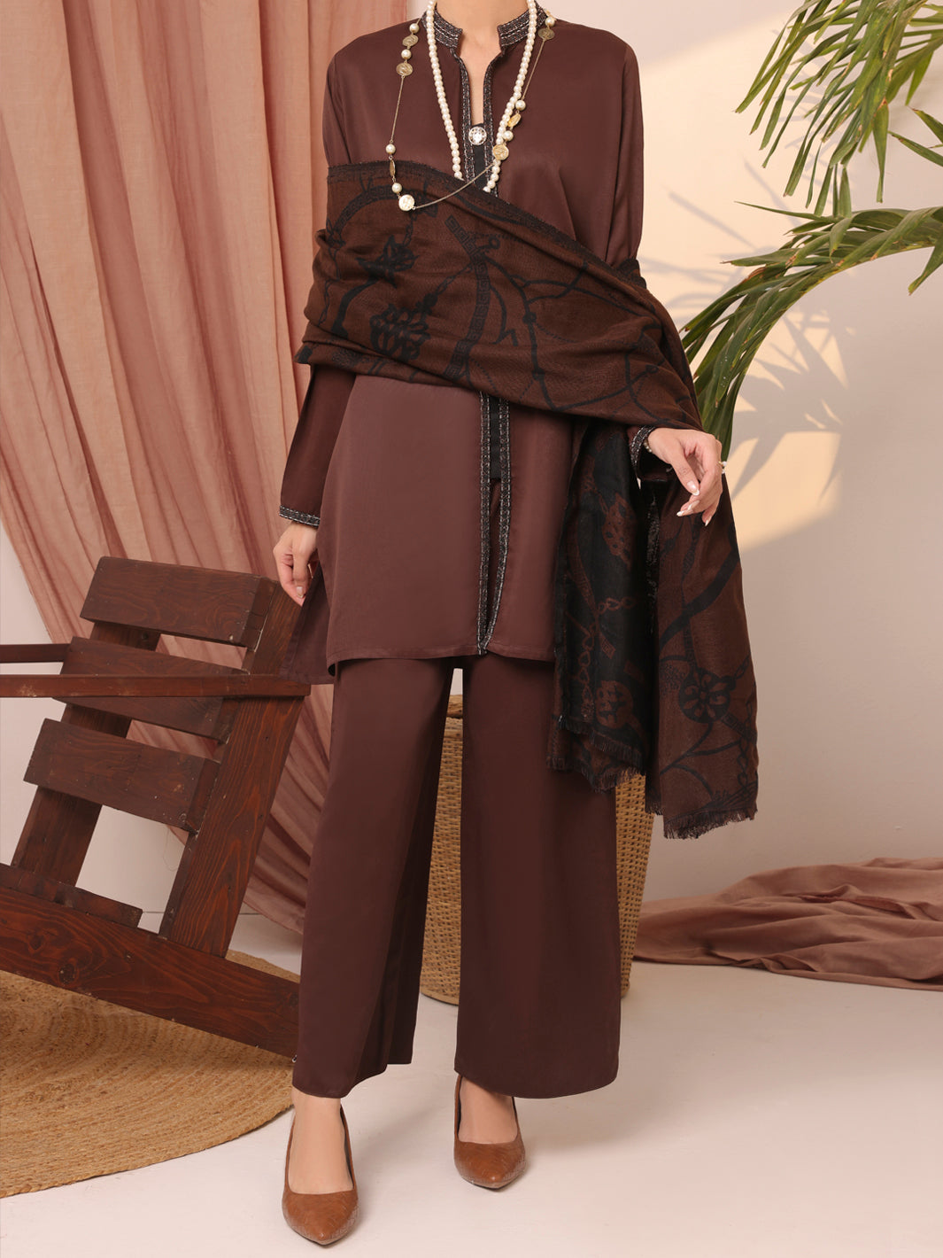 Dark Brown Dobby Viscose Unstitched 3 Piece - AWP-3PS-434