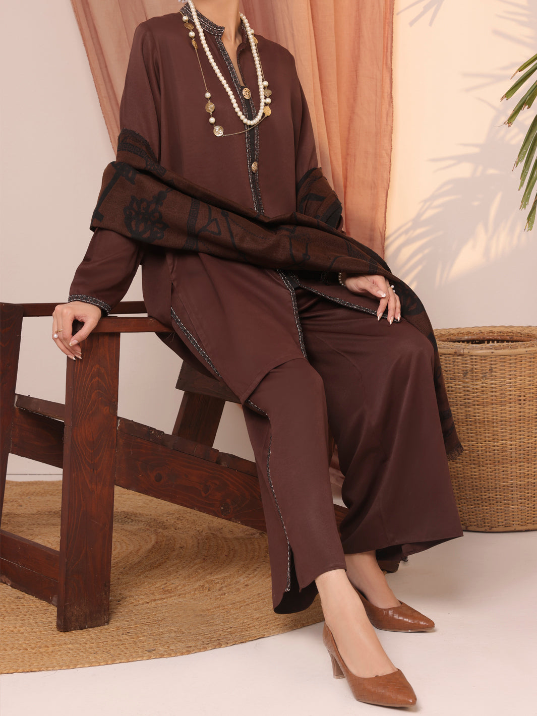 Dark Brown Dobby Viscose Unstitched 3 Piece - AWP-3PS-434