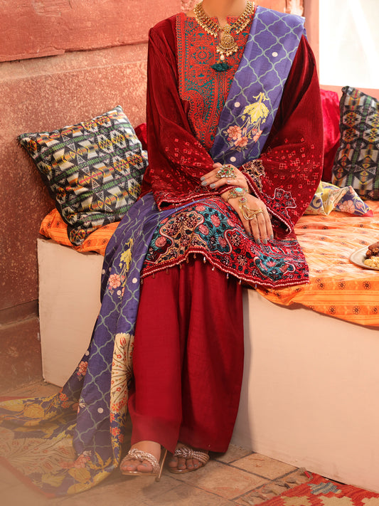 Maroon Velvet Unstitched 3 Piece - AWP-3PS-444
