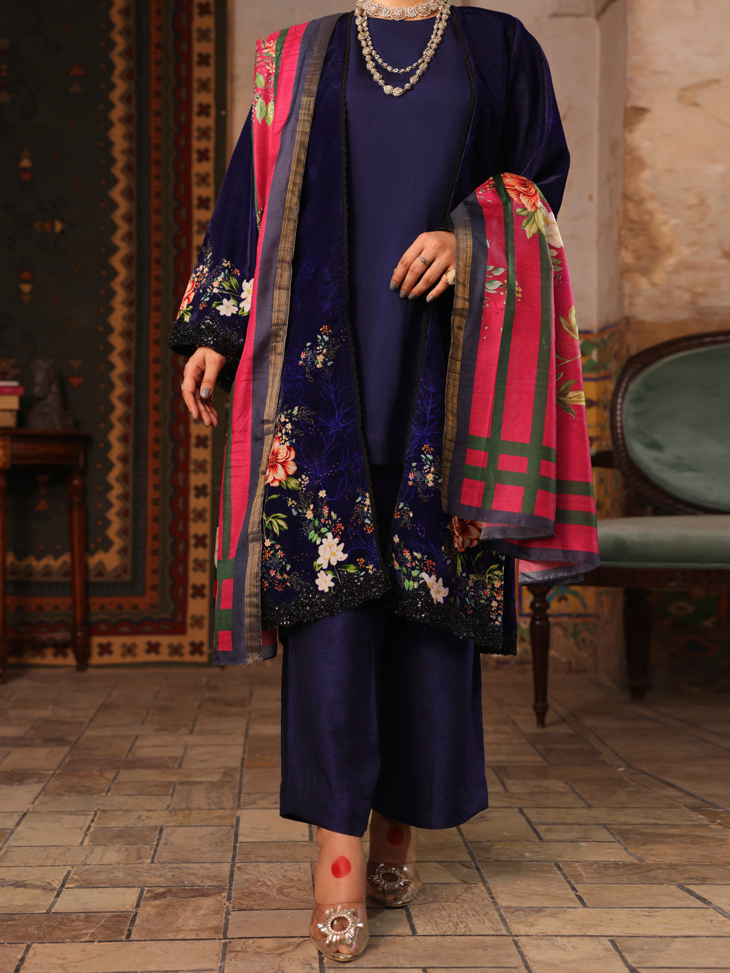 Dark Blue Velvet Unstitched 3Pc - AWP-3PS-445