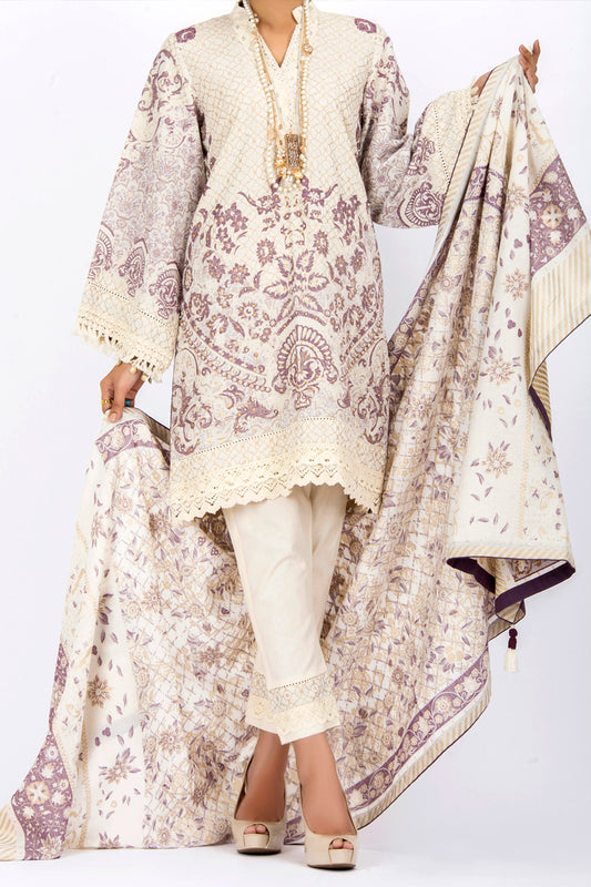 Off White Jacquard 3 Piece Stitched - ALP-533