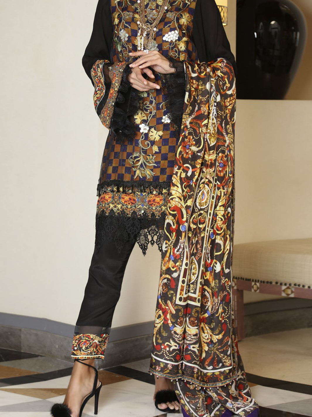Black Silk Viscose 3Pc Stitched - ALP-560