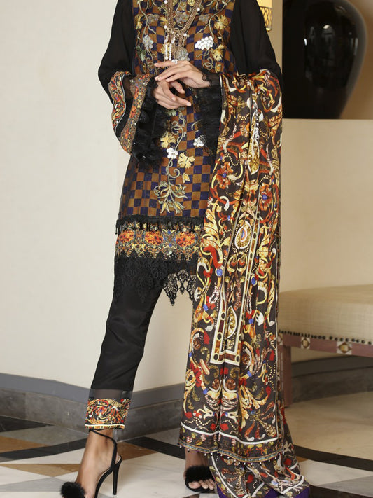 Black Silk Viscose 3 Piece Unstitched - ALP-560