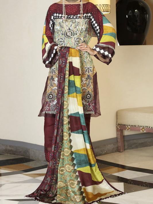 Mehroon Silk Viscose 3Pc Unstitched - ALP-561