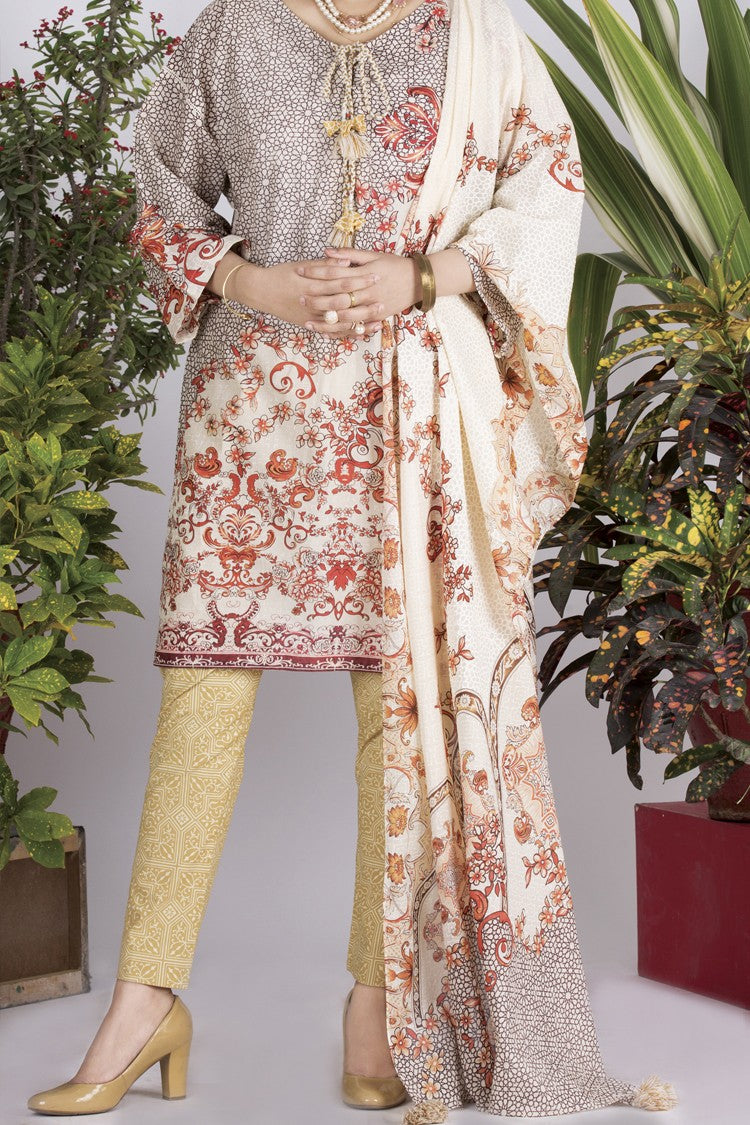 Off White Lawn 3 Piece Stitched - ALP-702