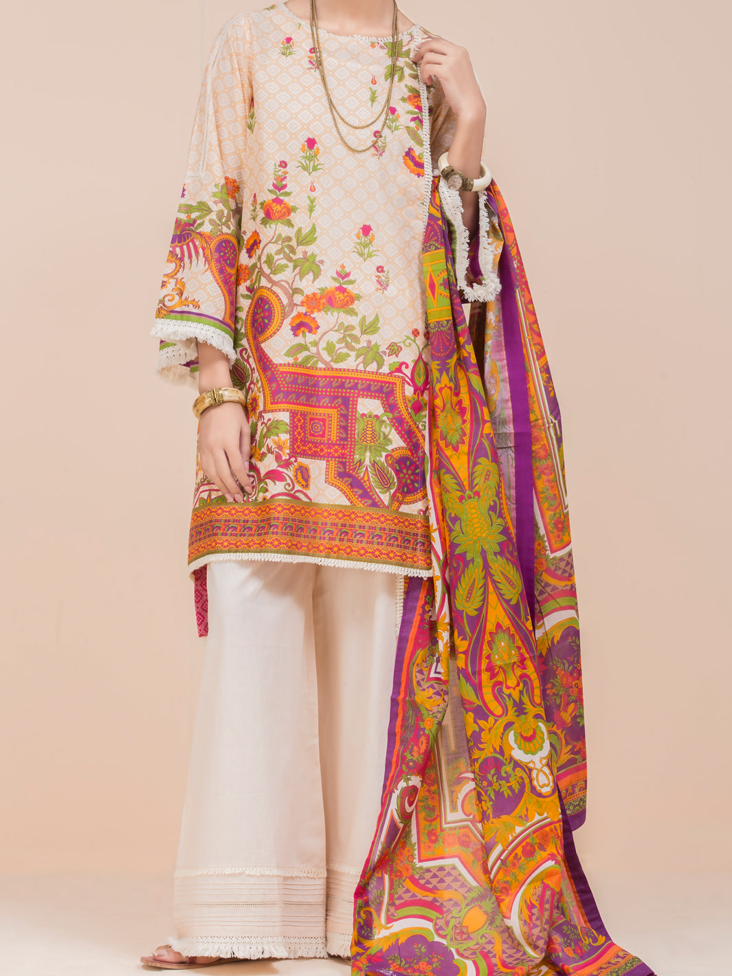 Cream Lawn 3Pc Stitched - ALP-3PS-782