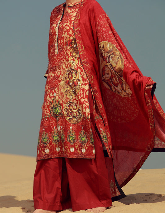 Red Khaddar 3 Piece Stitched - AWP-165