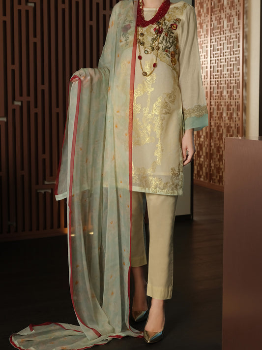 Off White Khaddi Silk 3 Piece Stitched - ALP-3PS-898