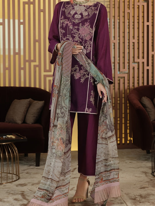 Purple Khaddi Net 3 Piece Stitched - ALP-3PS-899
