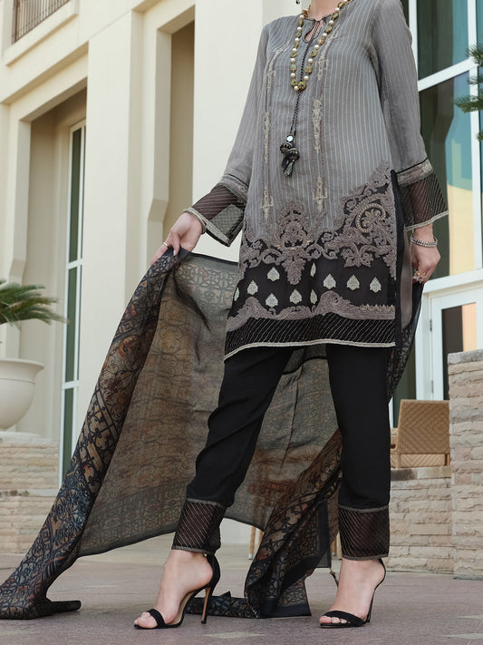 Grey Khaddi Net 3Pc Stitched - ALP-3PS-902