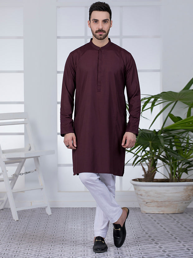 Dark Maroon Blended Kurta - AL-K-1043