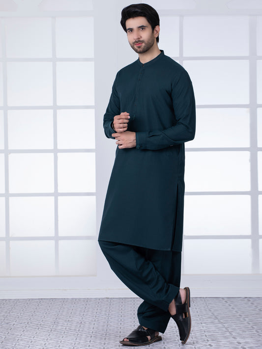 Dark Green Blended Kameez Shalwar - AL-KS-2788