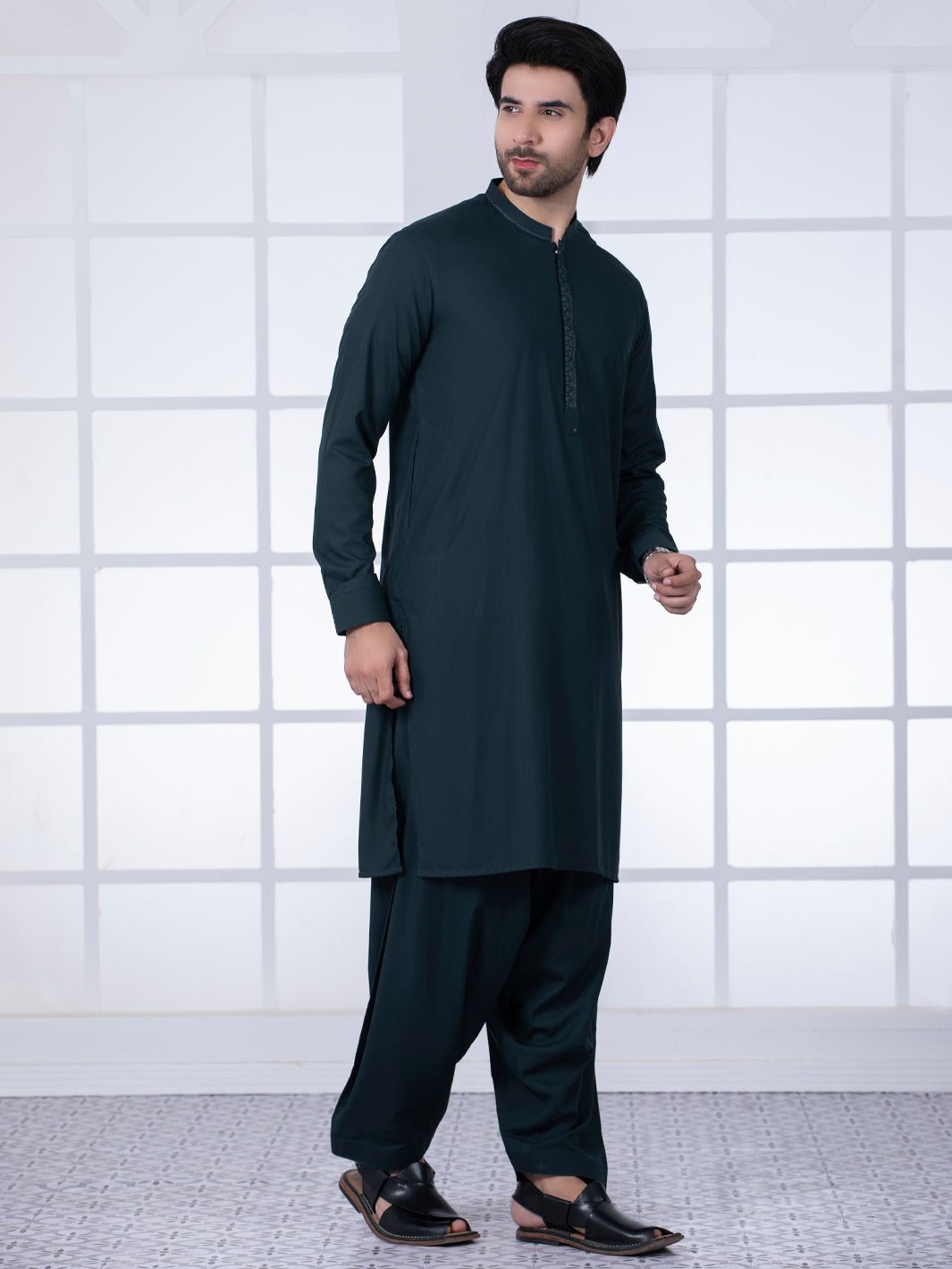 Dark Green Blended Kameez Shalwar - AL-KS-2794