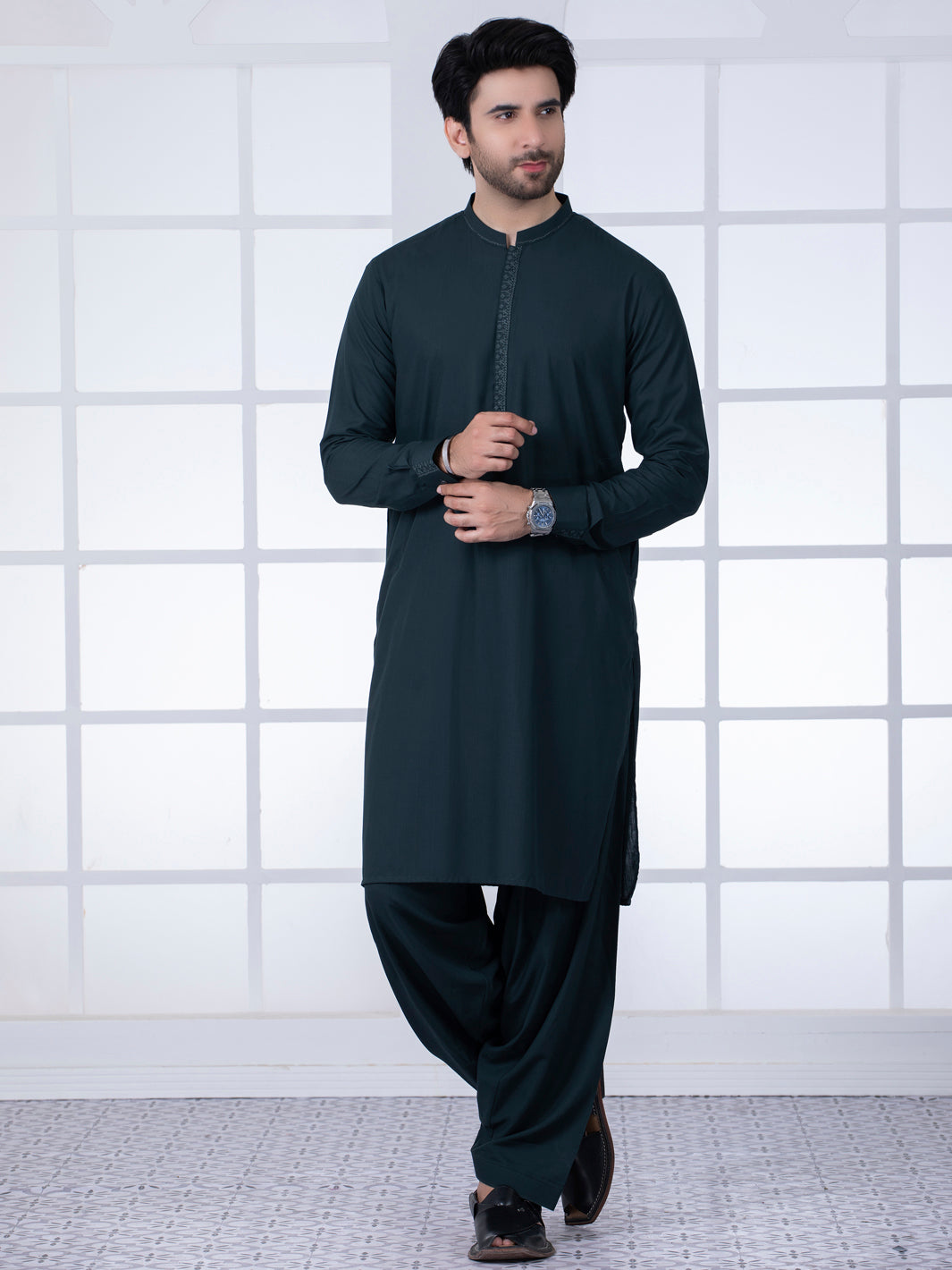 Dark Green Blended Kameez Shalwar - AL-KS-2794