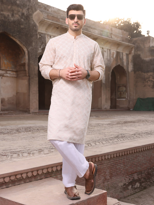 Fawn Cotton Schiffli Kurta - AL-K-712C