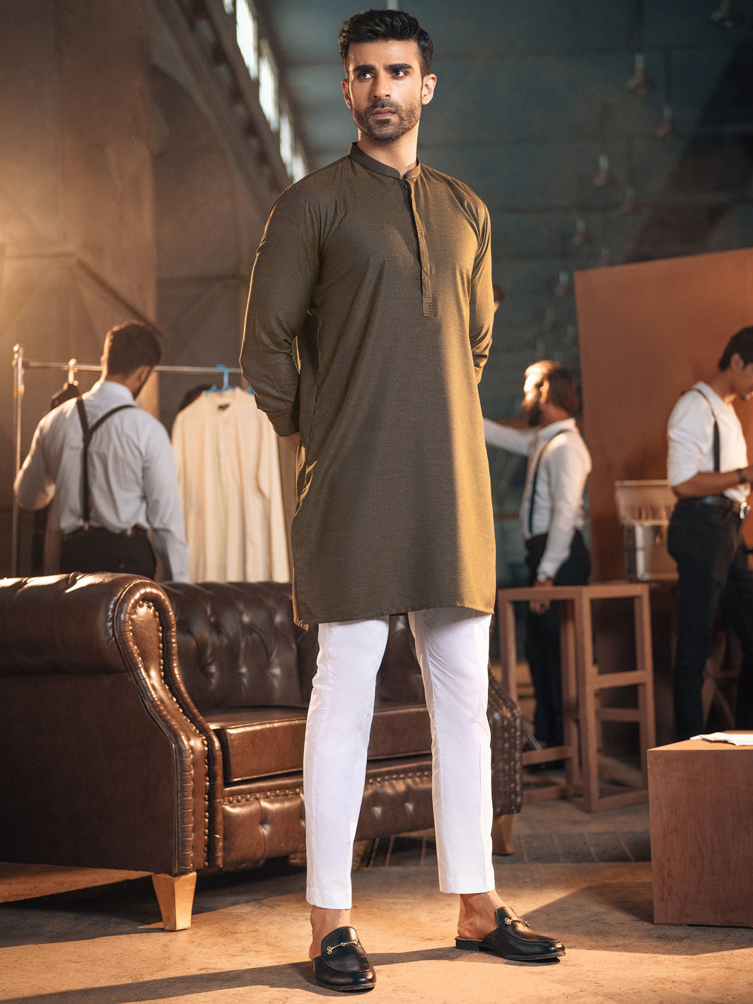 Olive Textured Kurta - AL-K-978