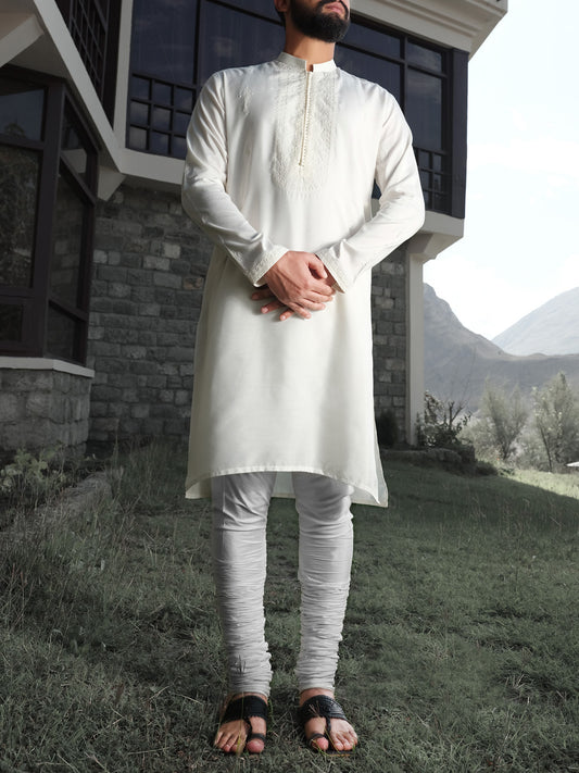 White Cotton Silk Formal Kurta - AL-K-SP-024
