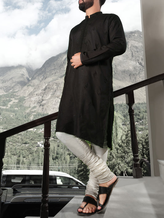 Black Cotton Silk Formal Kurta - AL-K-SP-025A