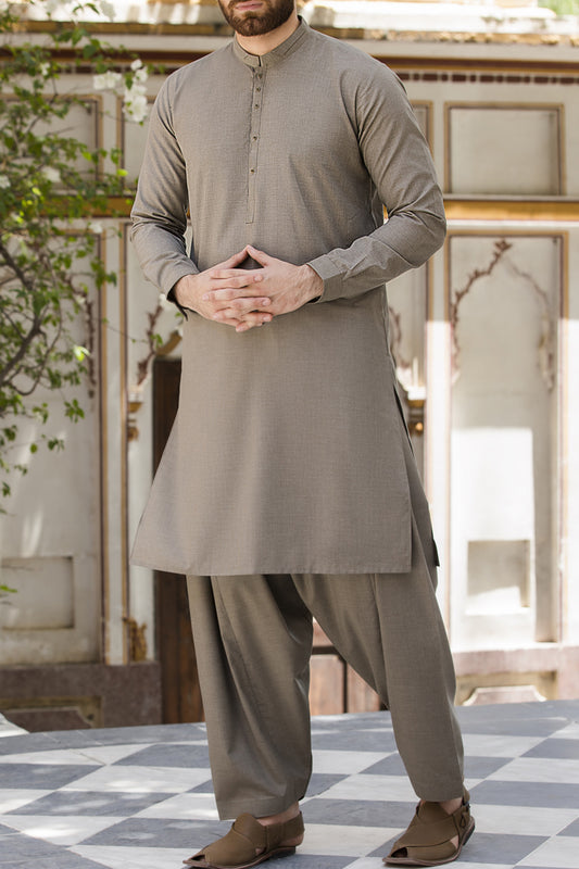 Olive Green Blended Kameez Shalwar - AL-KS-2398