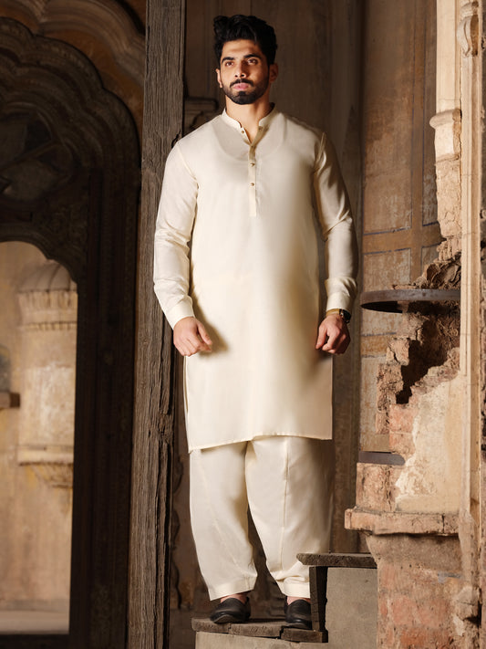 Off White Blended Kameez Shalwar - AL-KS-2500