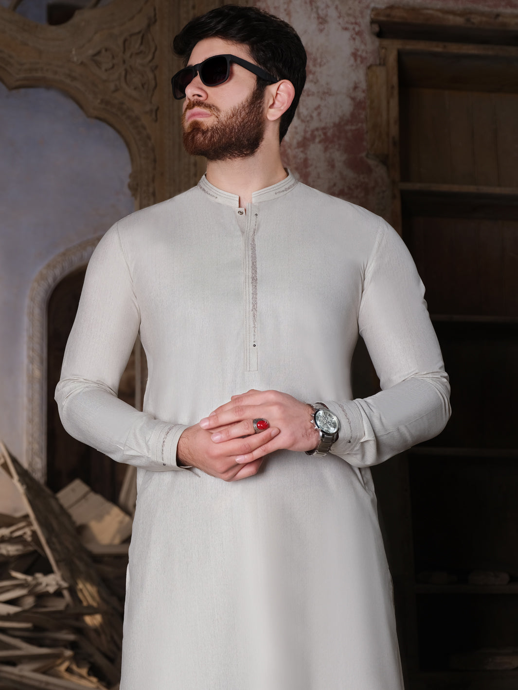 Light Grey Blended Kameez Shalwar - AL-KS-2517