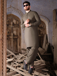 Olive Green Blended Kameez Shalwar - AL-KS-2520