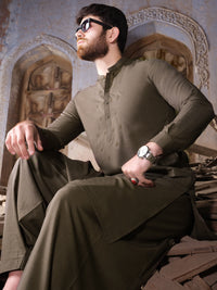 Olive Green Blended Kameez Shalwar - AL-KS-2520