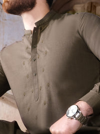 Olive Green Blended Kameez Shalwar - AL-KS-2520