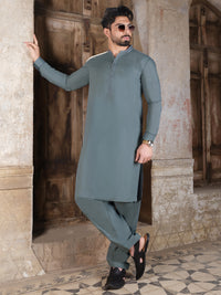 Teal Grey Blended Kameez Shalwar - AL-KS-2524