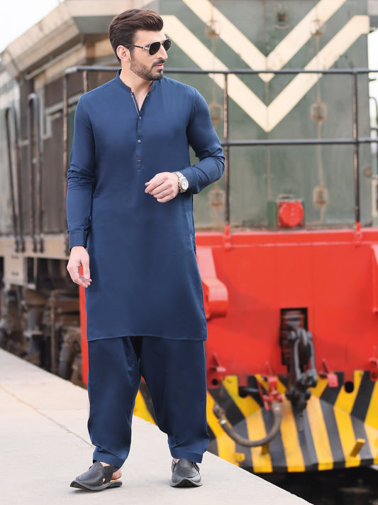 Navy Blue Cotton Kameez Shalwar - AL-KS-2527