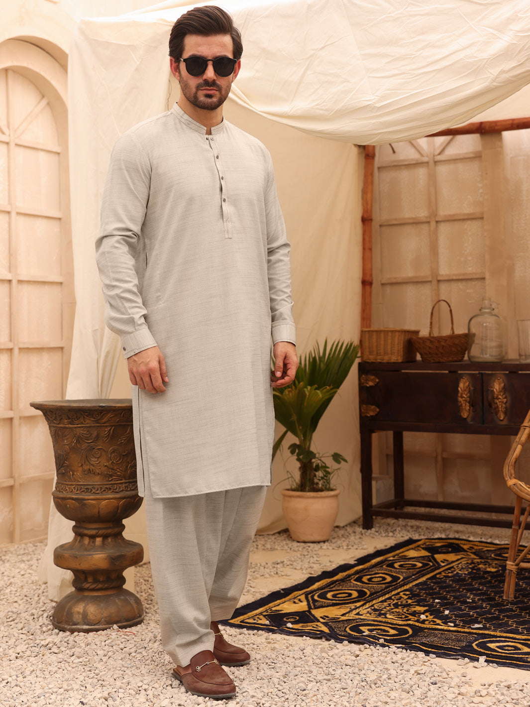 Light Grey Blended Kameez Shalwar - AL-KS-2621