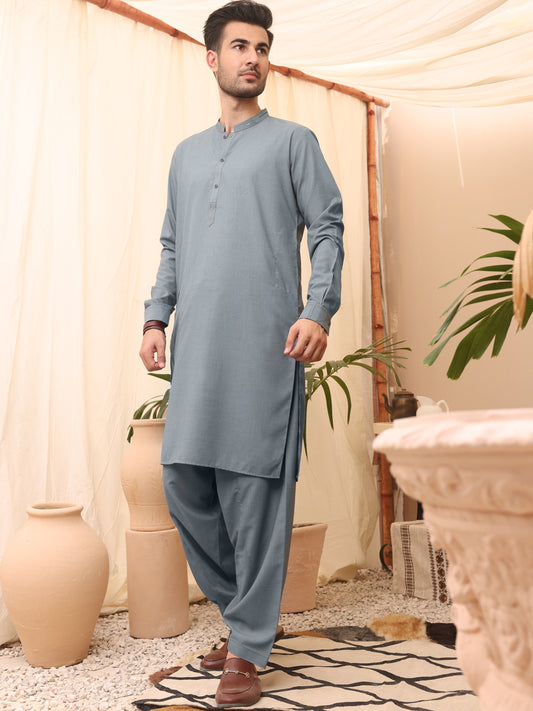 Ash Blue Blended Kameez Shalwar - AL-KS-2617