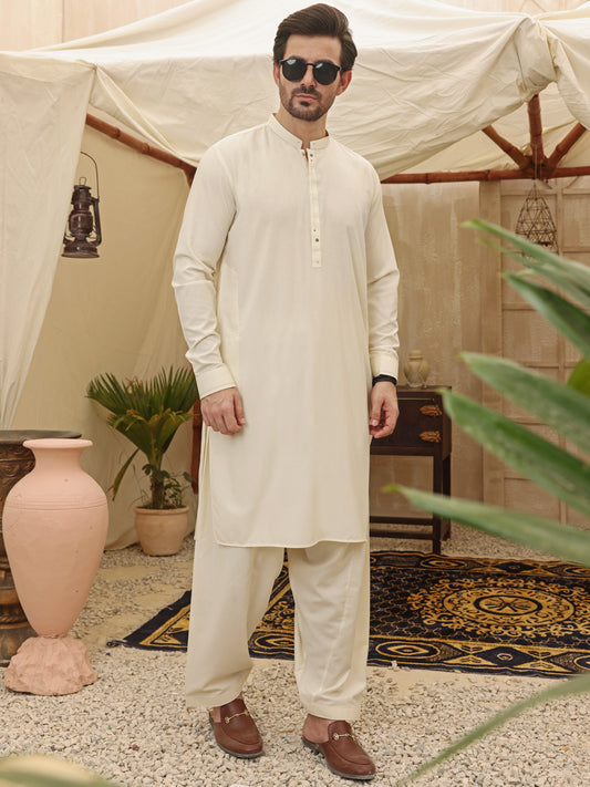 Off White Blended Kameez Shalwar - AL-KS-2626