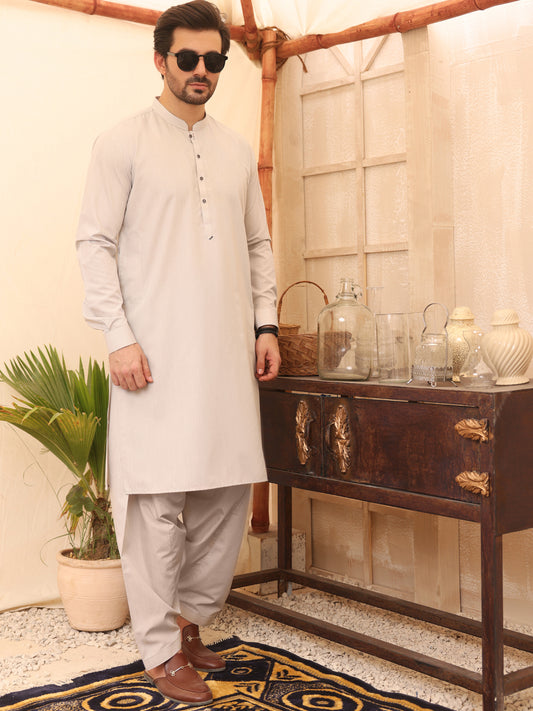 Light Grey Blended Kameez Shalwar - AL-KS-2635