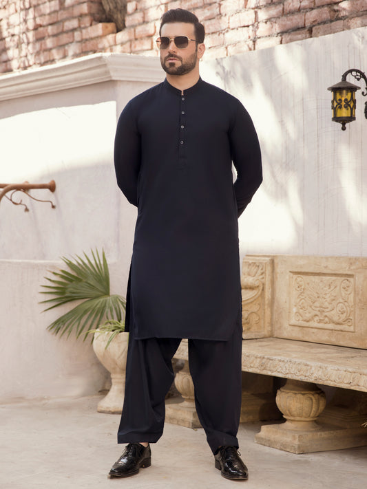 Navy Blue Blended Kameez Shalwar -AL-KS-2755C