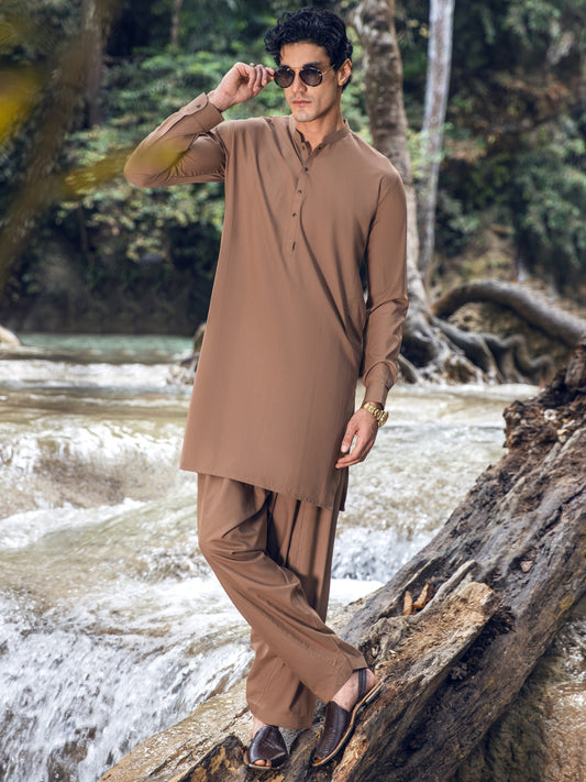Brown Blended Kameez Shalwar - AL-KS-2814