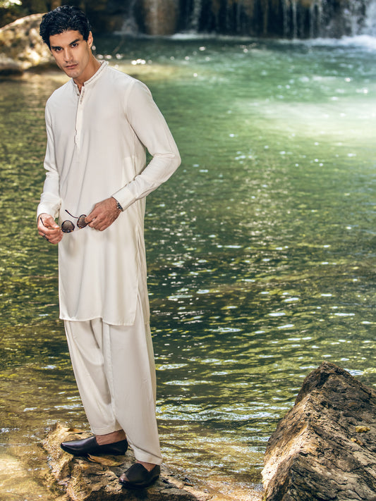 Off White Blended Kameez Shalwar - AL-KS-2825