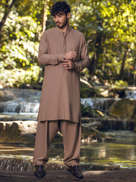 Beige Blended Kameez Shalwar - AL-KS-2847