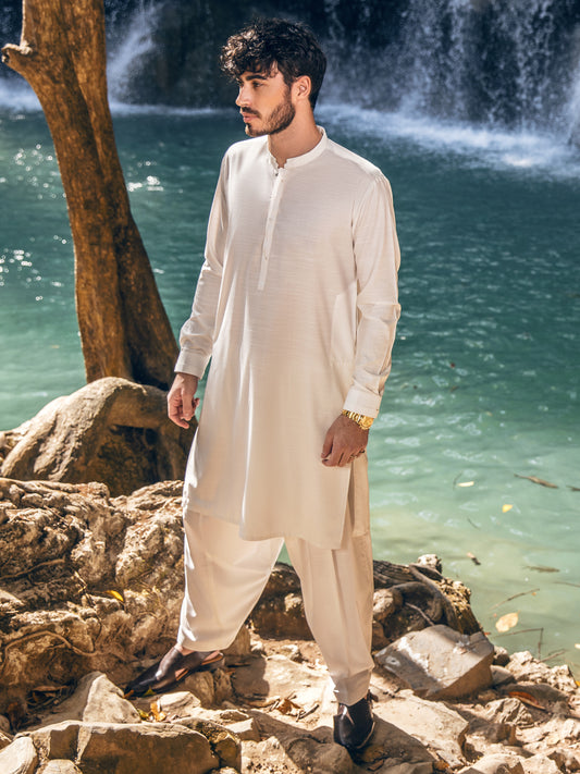 White Blended Kameez Shalwar - AL-KS-2851