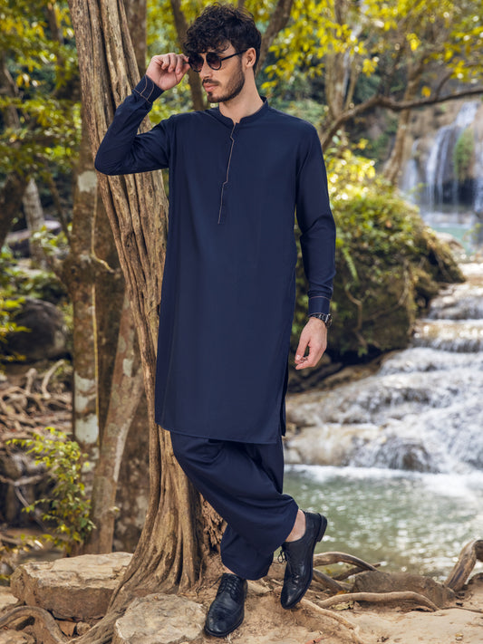 Navy Blue Blended Kameez Shalwar - AL-KS-2890