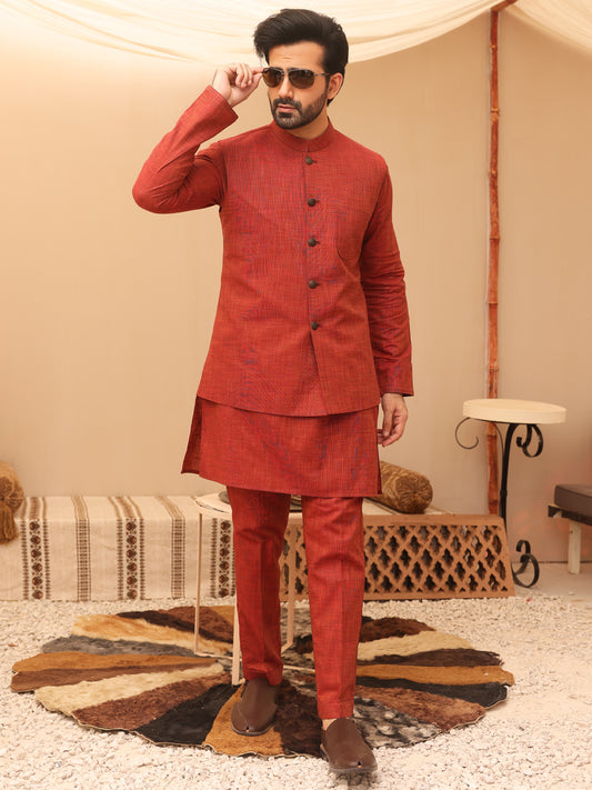 Red Waistcoat & Kurta Trouser - AL-KWT-002