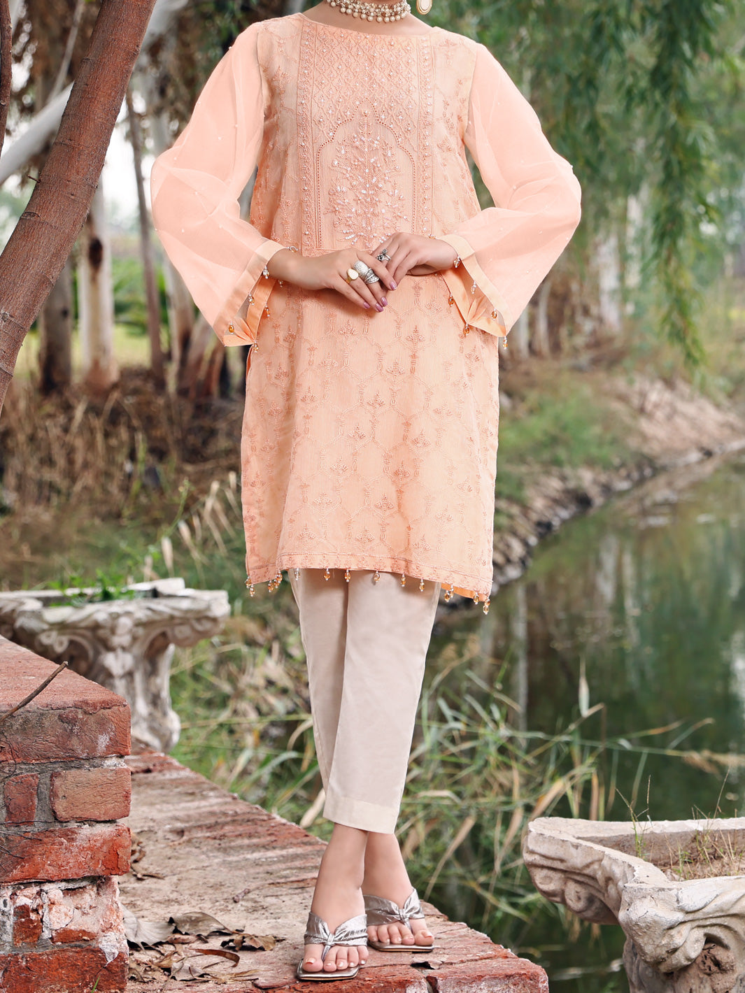 Peach Khaddi Net Tunic - AL-LK-781