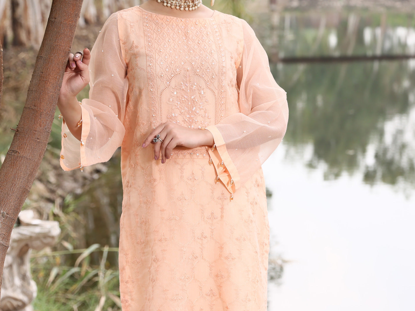 Peach Khaddi Net Tunic - AL-LK-781