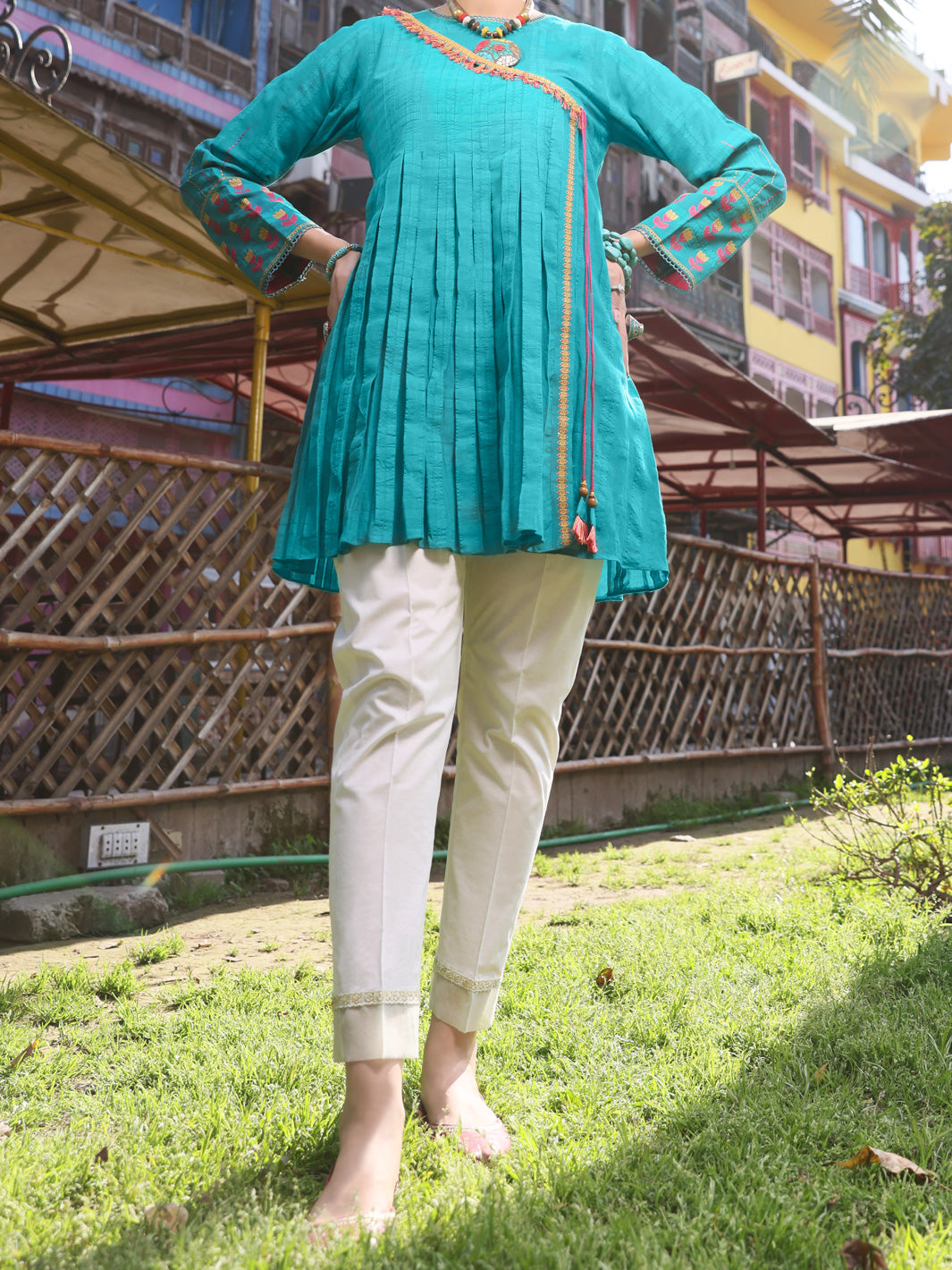 Turquoise Dobby Cotton Tunic - AL-LK-791