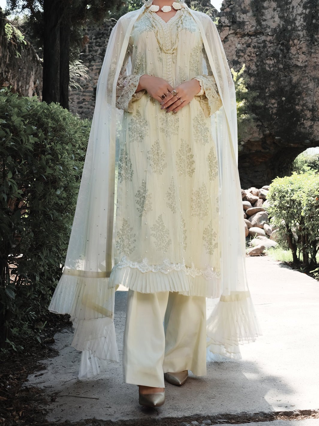 Off White Net & Silk 3 Piece Formal Unstitched - LS-303