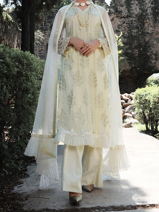 Off White Net & Silk 3 Piece Formal Unstitched - LS-303