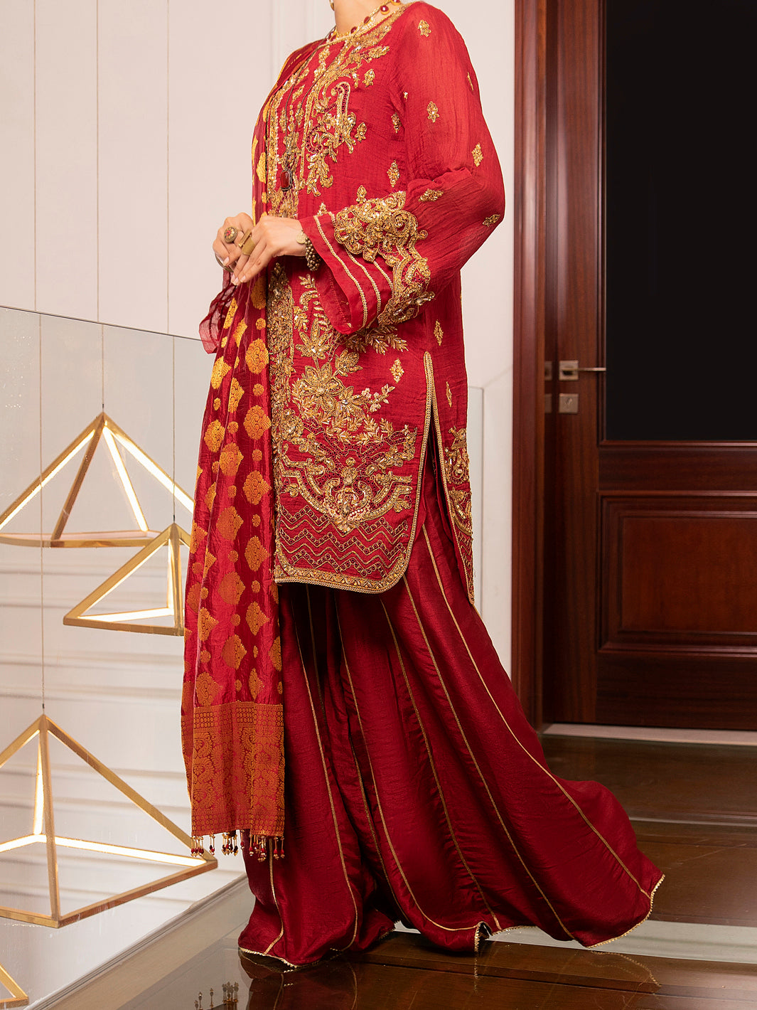 Red Cotton Masori 3Pc Formal Unstitched - AL-3PS-LS-UN-345