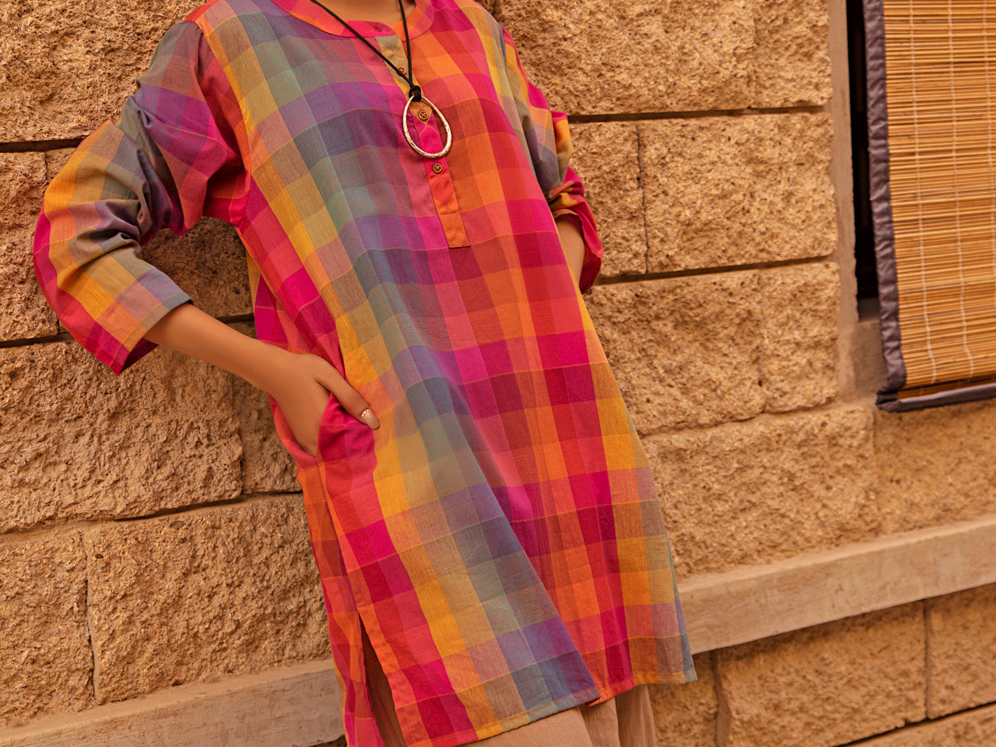 Multicolor Linen Tunic - ALCR-LK-1020 - Almirah Online